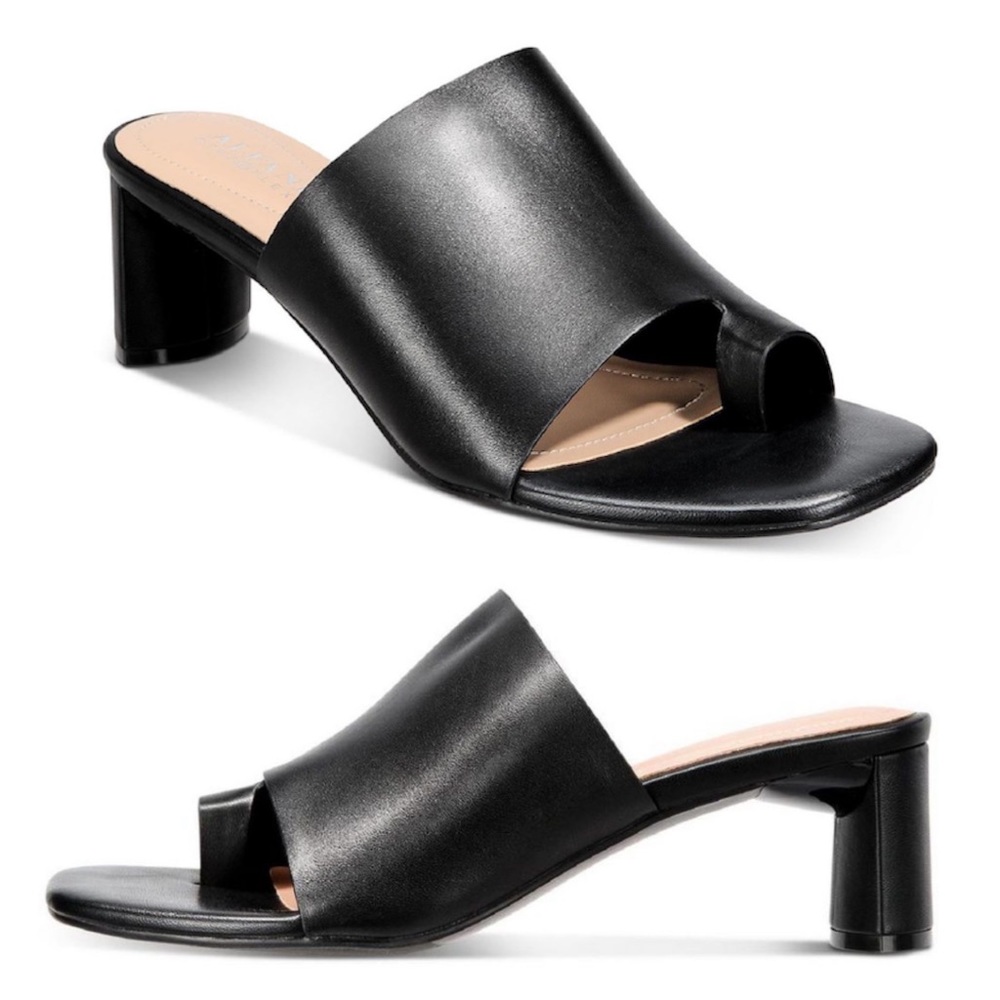 NWB Alfani Colyerrl Black Leather Block Heel Toe Loop Square Slide Sandals - 8.5